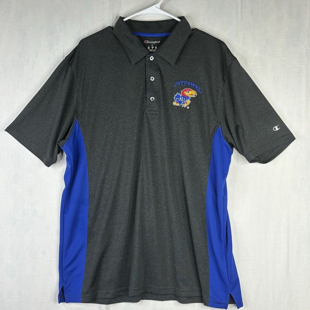 Champion Kansas Jayhawks Polo Shirt‎ Mens Large Blue Gray KU Basketball Adult